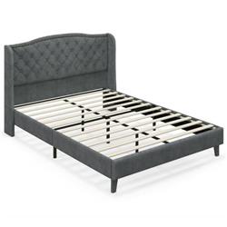HU10356GR-F Upholstered Platform Bed Frame with Button Tufted Headboard, Gray - Full Size