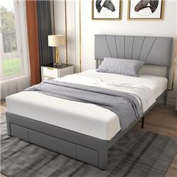 HU10357GRF- Upholstered Bed Frame with Drawer & Adjustable Headboard, Gray - Full Size