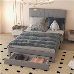 HU10357GRQ- Upholstered Bed Frame with Drawer & Adjustable Headboard, Gray - Queen Size