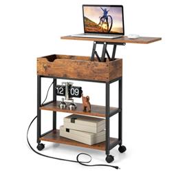 HV10238US-CF Lift Top End Table with Charging Station & Universal Wheels, Rustic Brown