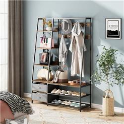 HU10246CF 6-in-1 Freestanding Hall Tree Coat Rack with Bench & Fabric Dresser, Rustic Brown
