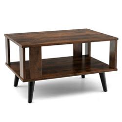 HV10347CF Compact Retro Mid-Century Coffee Table with Storage Open Shelf, Rustic Brown