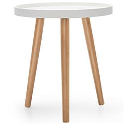 HV10400WH Round Side Sofa Coffee Table with Wooden Tray, White