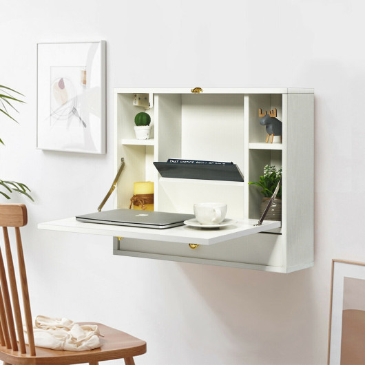 HW60360WH Wall Mounted Folding Laptop Desk with Hideaway Organizer Storage, White
