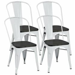 HW60716WH Tolix Style Metal Dining Side Chair Stackable Wood Seat, White - 4 Piece