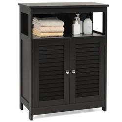 HW65847BK Wood Freestanding Bathroom Storage Cabinet with Double Shutter Door, Black