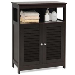 HW65847CF Wood Freestanding Bathroom Storage Cabinet with Double Shutter Door, Brown