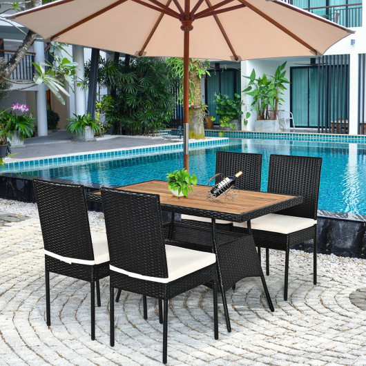 HW64308A Patio Rattan Dining Table Set with Wooden Top - 5 Piece