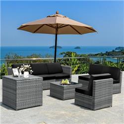 HW65782DKC- Wicker Sofa Rattan Patio Dining Furniture Set with Storage Table, Black - 8 Piece