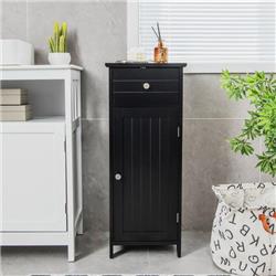 HW66003BK Wooden Bathroom Floor Storage Cabinet with Drawer & Shelf, Black