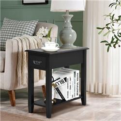HW63091BK-2 2-Tier Sofa Side End Table with Drawer & Open Shelf, Black - 2 Piece