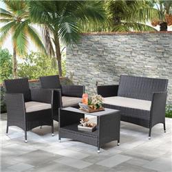 HW70627 Patio Conversation Set with Soft Cushions & Tempered Glass Tabletop - 4 Piece