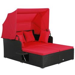 HW70628RE Patio Rattan Daybed with Retractable Canopy & Side Table, Red