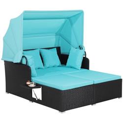 HW70628TU Patio Rattan Daybed with Retractable Canopy & Side Table, Turquoise