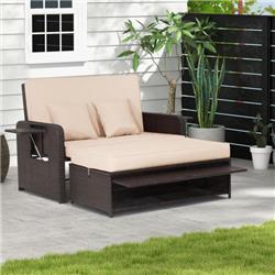 HW70644BN- Patio Rattan Daybed with 4-Level Adjustable Backrest & Retractable Side Tray, Brown