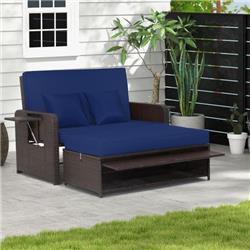 HW70644NY- Patio Rattan Daybed with 4-Level Adjustable Backrest & Retractable Side Tray, Navy