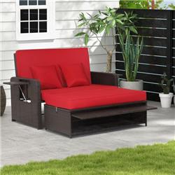 HW70644RE- Patio Rattan Daybed with 4-Level Adjustable Backrest & Retractable Side Tray, Red