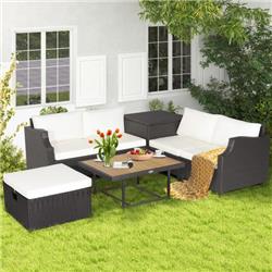 HW70679WH- Hand-Woven Wicker Outdoor Furniture Set with Acacia Wood Coffee Table, White - 7 Piece