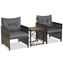 HW70686GR Patio Rattan Furniture Set with Acacia Wood Tabletop, Gray - 3 Piece