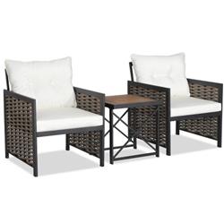 HW70686WH Patio Rattan Furniture Set with Acacia Wood Tabletop, White - 3 Piece