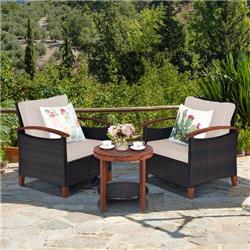 HW70688BN Patio Rattan Furniture Set with Washable Cushion & Acacia Wood Tabletop, Beige - 3 Piece