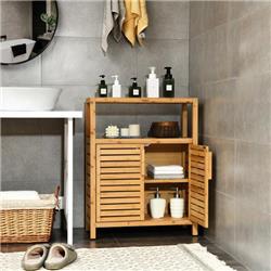 HW67455 2-Door Bamboo Floor Cabinet Storage Organizer with Open Shelf Adjustable Shelf