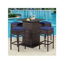 HW68244NY Patio Rattan Bar Table Stool Set with Hidden Storage Shelf Cushioned, Navy - 5 Piece