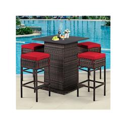 HW68244RE Patio Rattan Bar Table Stool Set with Hidden Storage Shelf Cushioned, Red - 5 Piece