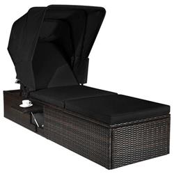 HW68260DK- Outdoor Adjustable Cushioned Chaise Lounge Chair with Folding Canopy, Black