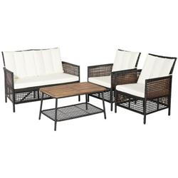 HW70242WH- Patio Rattan Furniture Set with 2-Tier Coffee Table, White - 4 Piece