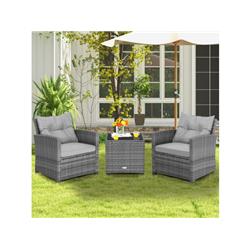 HW70267GR Outdoor Wicker Conversation Set with Tempered Glass Tabletop, Gray - 3 Piece
