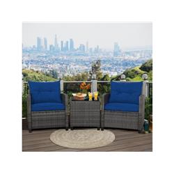 HW70267NY Outdoor Wicker Conversation Set with Tempered Glass Tabletop, Navy - 3 Piece