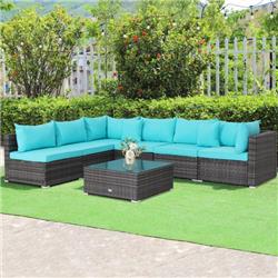 HW70439TU- Patio Rattan with Sectional Sofa Cushioned, Turquoise - 7 Piece