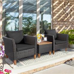 HW69383DK Patio Rattan Bistro Furniture Set with Wooden Table Top, Black - 3 Piece