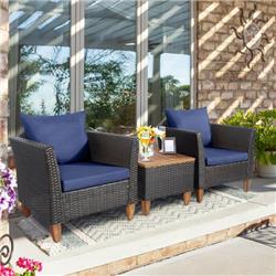 HW69383NY Patio Rattan Bistro Furniture Set with Wooden Table Top, Navy - 3 Piece