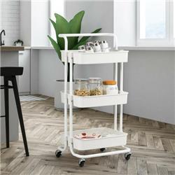 HW70189WH 3-Tier Utility Cart Storage Rolling Cart with Casters, White
