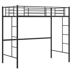 HW68926BK Twin Size Space-saving Metal Loft Bed with Full-Length Guardrail & 2 Ladders, Black