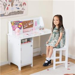 HY10121WH Wooden Kids Study Desk & Chair Set with Storage Cabinet & Bulletin Board, White