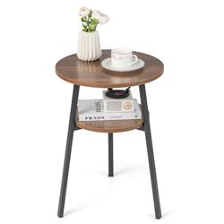 JV10806WT 2-Tier Round End Table with Open Shelf & Triangular Metal Frame, Walnut