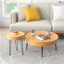 JV10825 Solid Wood Farmhouse Round Coffee Table, Ring Pattern - Set of 2