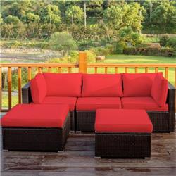 HW68678ARE- Patio Rattan Sofa Set with Cushion & Ottoman, Red - 5 Piece