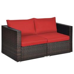 HW68681CRE- Patio Rattan Sectional Conversation Sofa Set, Red - 2 Piece