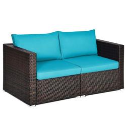 HW68681CTU- Patio Rattan Sectional Conversation Sofa Set, Blue - 2 Piece