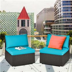 HW68687TU Patio Rattan Armless Sofa Set with 2 Cushions & 2 Pillows, Blue - 2 Piece