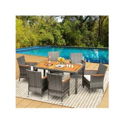 HW68689C Patio Acacia Wood Cushioned PE Rattan Wicker Dining Set - 7 Piece -  Costway, HW68689C+