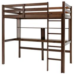 HY10045BN- Twin Size Solid Wood Slatted Loft Bed Frame with Safety Guardrail for Kid, Brown