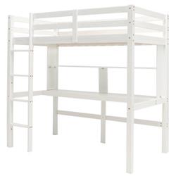 HY10045WH- Twin Size Solid Wood Slatted Loft Bed Frame with Safety Guardrail for Kid, White