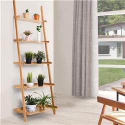 JV10373NA 5-Tier Ladder Shelf Bamboo Bookshelf Wall-Leaning Storage Display Plant Stand, Natural