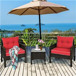 HW68639RE Outdoor Patio Rattan Conversation Set with Seat Cushions, Red - 3 Piece