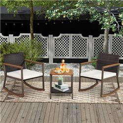 HW70901WH Rattan Rocking Bistro Set with Coffee Table & Cushions, Off White - 3 Piece